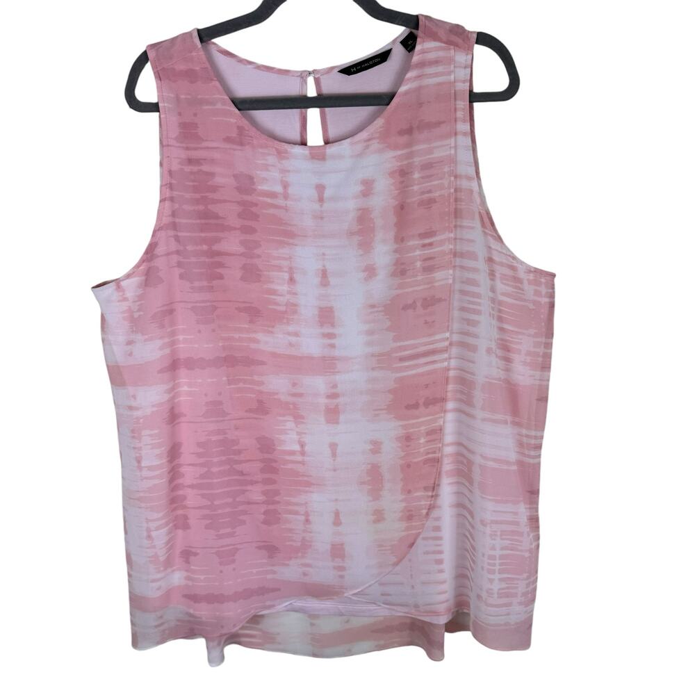 H By Halston Pink White Sleeveless Lined Lightweight Faux Wrap Tank Blouse Sz XL